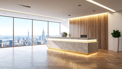 Modern Office Reception with NYC Skyline View Luxury  Contemporary Interior.