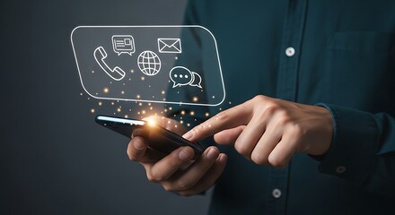 Man using smartphone with communication icons, showcasing digital connectivity and modern technology