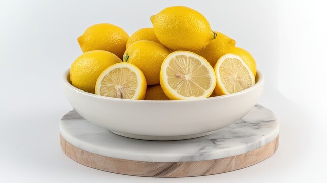 A ceramic bowl overflowing with fresh lemons on a marble pedestal, zesty freshness, eye-catching design