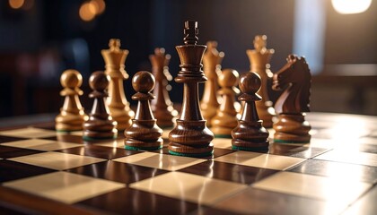 Chess pieces on a board in a dimly lit room