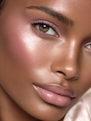 Fototapeta premium Smooth Radiant Beauty Closeup Cosmetics Portrait Flawless Makeup Glossy Lips Eyebrows Highlighter Natural Skin Vibrant Lifestyle Fashion Women Diversity Appeal Attractive Glamour PMAA Textures