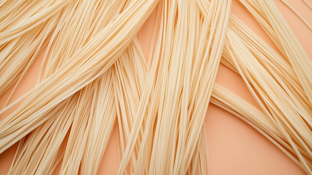 Close-up image of uncooked beige spaghetti pasta strands arranged on a peach background. - Powered by Adobe