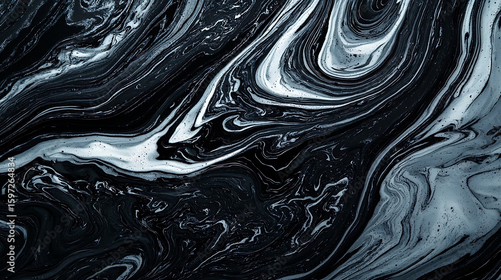 Poster abstract black and white marbled pattern with flowing, swirling lines creating a dynamic, fluid text