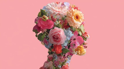 Mental wellness concept with blooming flowers in a joyful female head, reflecting mindfulness, care, positivity, and contrast with inner chaos and depression.