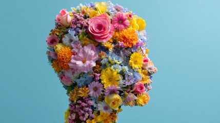 Mental wellness concept with blooming flowers in a joyful female head, reflecting mindfulness, care, positivity, and contrast with inner chaos and depression.