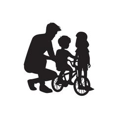 Fototapeta premium Duo bike coaching silhouette. Parent crouched, guiding two children tandem on a bicycle.