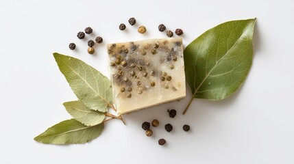 Raw salo with bay leaf and peppercorns on white. Top-down view of salted fatback for recipes. 