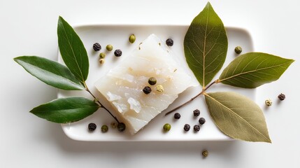 Raw salo with bay leaf and peppercorns on white. Top-down view of salted fatback for recipes. 