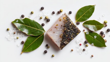 Raw salo with bay leaf and peppercorns on white. Top-down view of salted fatback for recipes. 