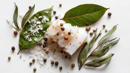 Raw salo with bay leaf and peppercorns on white. Top-down view of salted fatback for recipes. 