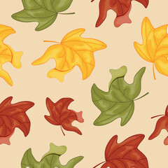 seamless pattern of autumn leaves, namely multi-colored maple leaves that bend sideways on a yellow background, for autumn patterns, cards or websites