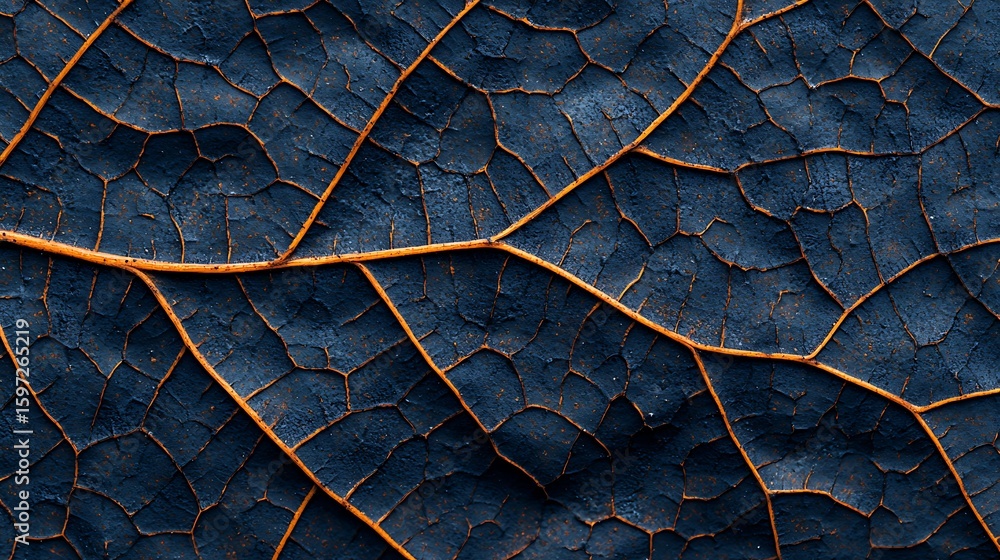 Poster close-up image of a dark leaf revealing detailed veins with a textured surface and intricate natural