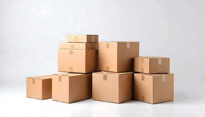 Stacked Cardboard Boxes on White Background, Ready for Shipping and Delivery