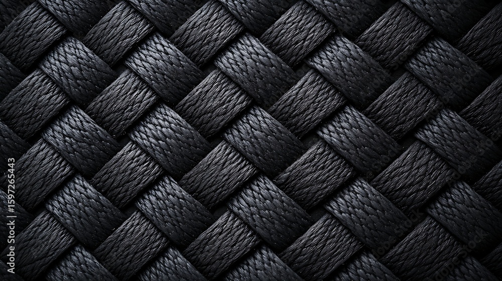 Aufkleber close-up of a black woven texture, showing interlaced strands creating a detailed, patterned surface