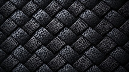 Fototapeta premium Close-up of a black woven texture, showing interlaced strands creating a detailed, patterned surface with a matte finish and subtle highlights.
