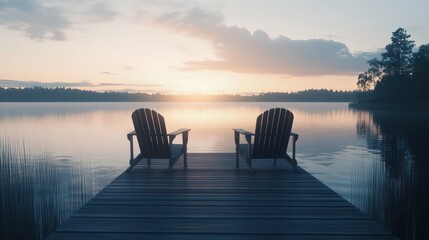 Sunset lake dock chairs peaceful serenity postcard