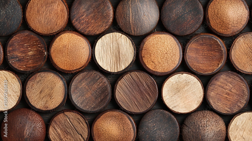 Poster close-up image of various wooden logs cut into circular shapes, showcasing different textures and na