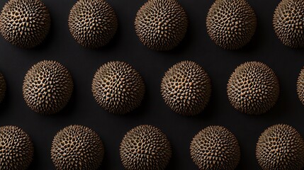 A pattern of spiky, spherical objects with a rough texture, arranged in a grid on a dark surface.