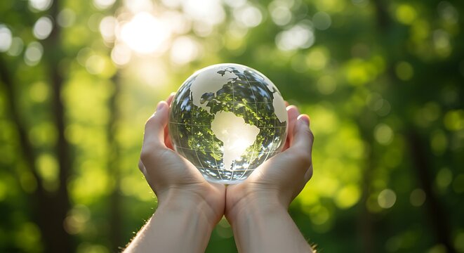globe in hands. holding a transparent glass globe of the earth in hands, outdoors, environment, and nature with background is lush with greenery.