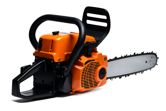 A modern orange and black gasoline chainsaw with a sharp metal guide bar and chain featuring ergonomic black handles for grip and control. PNG Transparent