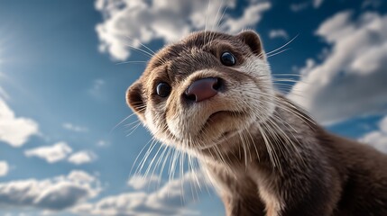 Cute otter close-up in sky background funny wildlife portrait capturing adorable otter face expressions