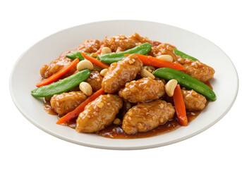 Fototapeta premium Delicious plate of sweet and sour chicken with vibrant vegetables on a white dish