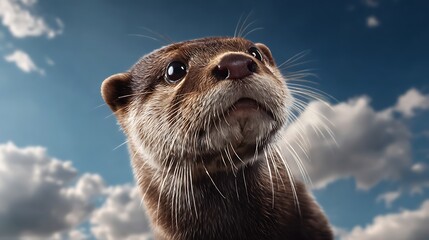 Cute otter close-up with sky background funny wildlife expression in nature adorable otter face