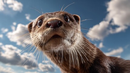 Cute otter close up with sky background funny wildlife expression adorable otter face in nature environment