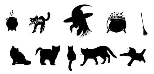 Fototapeta premium Silhouettes of Halloween-themed elements. Halloween Scene. Set of elements for Halloween. Collection of black silhouettes. 