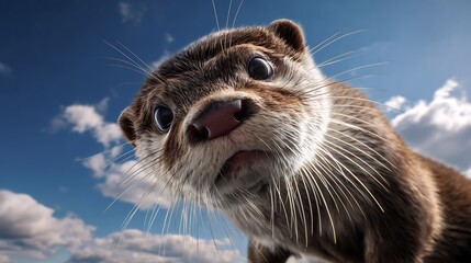 Cute otter close up funny wildlife with sky background animal face in nature environment