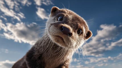 Cute otter close up with sky background funny wildlife photography adorable otter face in nature