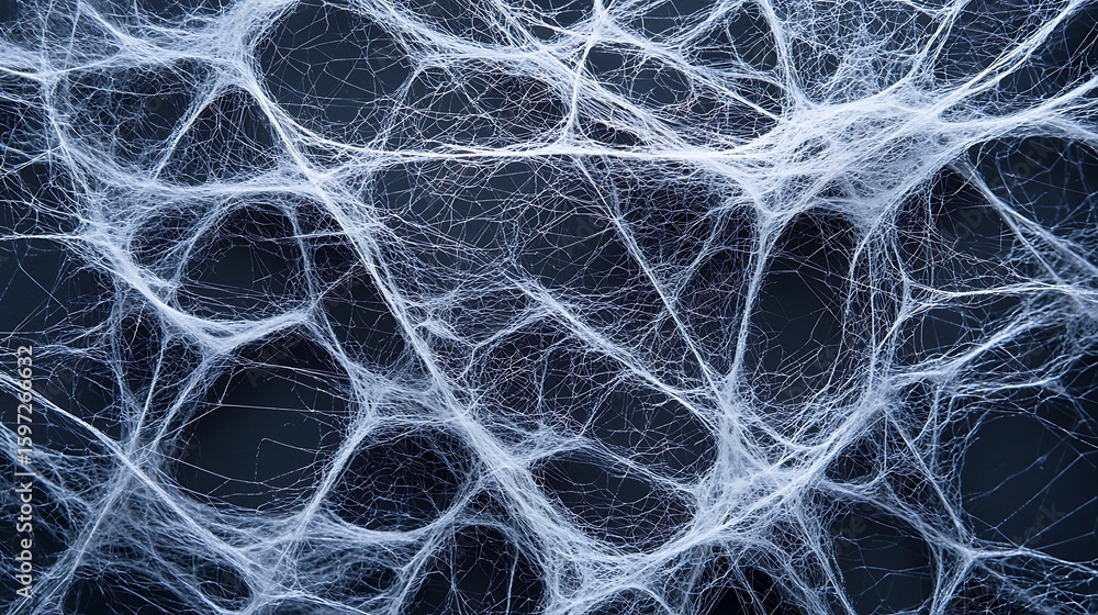 Poster close-up view of intricate, white spider webs stretched across a dark background, showcasing delicat