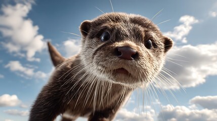 Cute otter close up funny wildlife sky background adorable animal face in nature environment