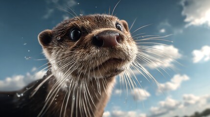 Cute otter close-up with sky background funny wildlife photography animal face in nature environment
