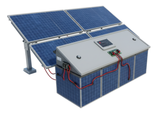 Solar panel system with battery storage and control unit, showcasing renewable energy setup