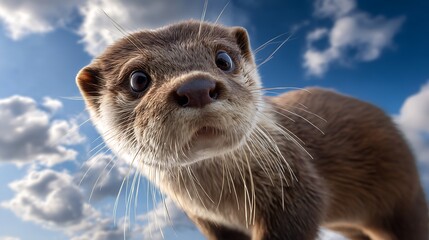 Close up of a cute otter face against a sky background funny wildlife photography in nature