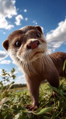 Cute otter close-up sky background funny wildlife photography outdoor environment playful otter face
