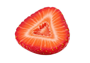 Freshly sliced triangular strawberry showcasing vibrant red color and seeds