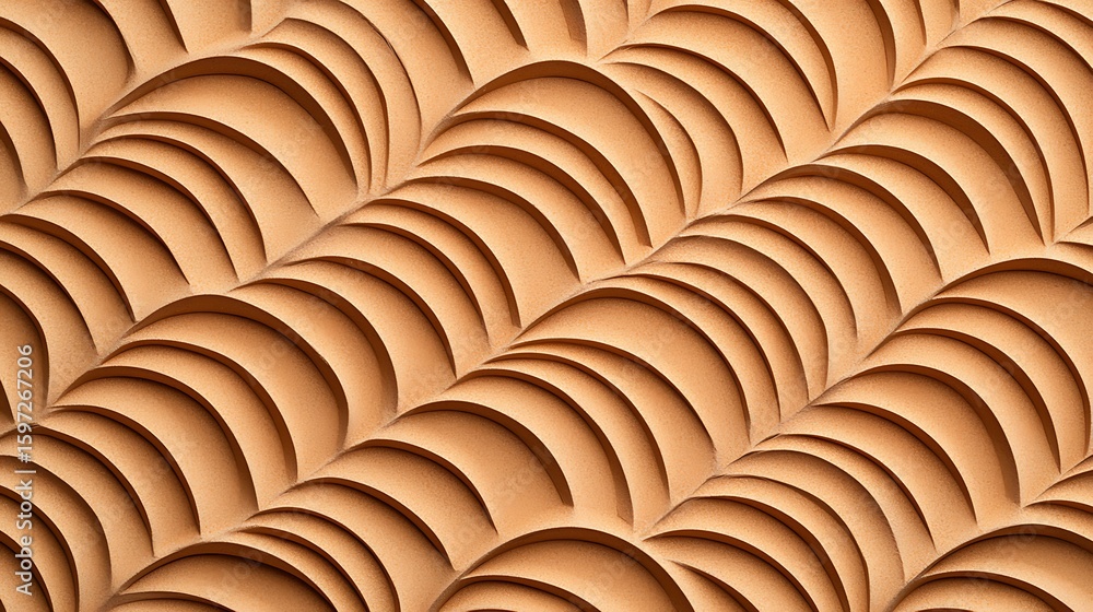 Poster a close-up image of a textured surface with repetitive, curved, overlapping patterns in warm beige a