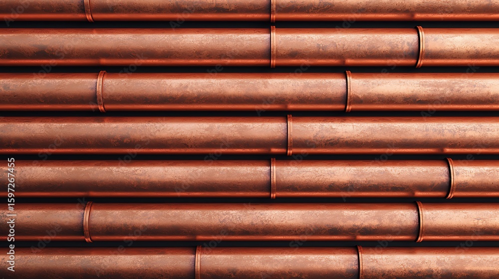 Poster close-up image of rustic, weathered copper pipes stacked horizontally with visible joints and textur
