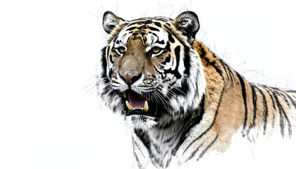 Obraz premium Striking Tiger Portrait with Open Mouth and Artistic Sketch Effect on White