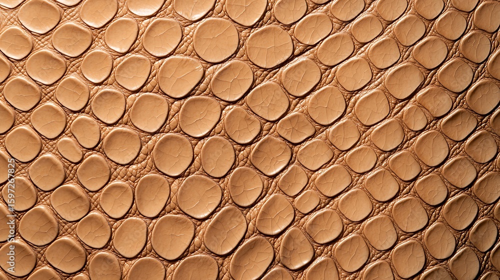 Poster close-up view of textured brown leather with circular patterns and detailed stitching.