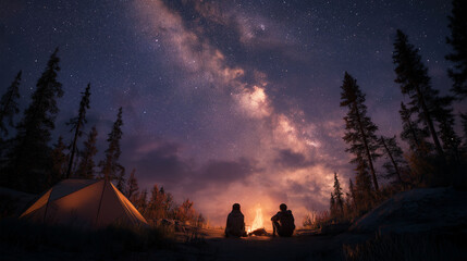 Stargazing by the Campfire: A serene dusk scene captures two figures illuminated by the warm glow of a campfire, gazing at the breathtaking celestial canvas above.