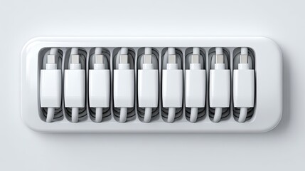 Neatly organized collection of white USB charging cables in a compact storage case.