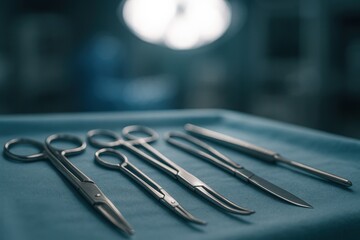 Surgical instruments neatly arranged on blue sterile drape