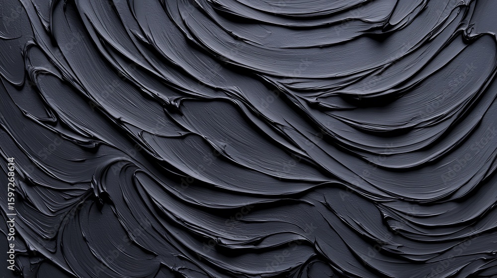 Poster smooth, textured swirls of dark gray or black paint create an abstract, artistic pattern with glossy