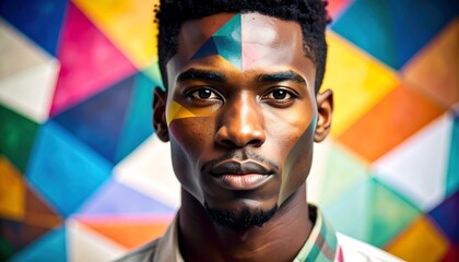 Close-up portrait of a man with colorful face paint