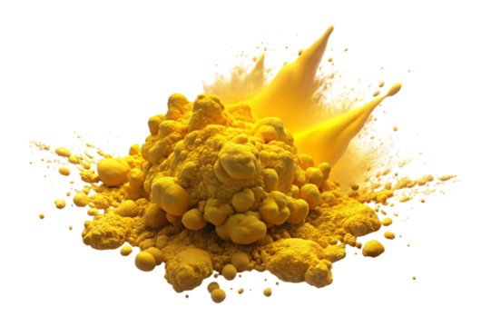 Vibrant yellow powder explosion isolated on transparent background