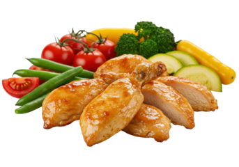 Grilled chicken breast served with fresh vegetables and herbs on a wooden table