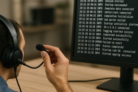 IT professional monitors server logs on computer screen wearing headset